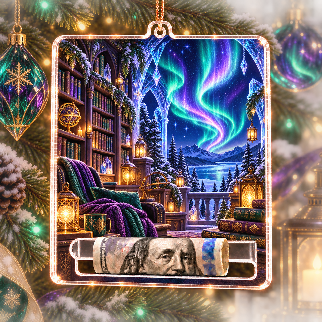 Aurora Library Haven Acrylic Cash Holder Ornament with printed optical 3D artwork in its use setting