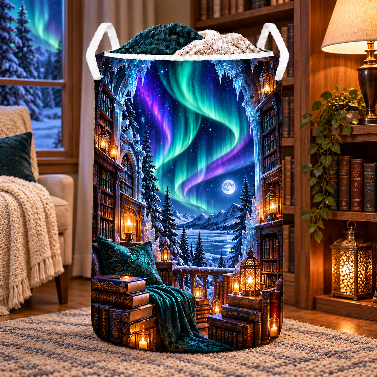 Aurora Library Haven Laundry Hamper with printed optical 3D artwork in its use setting