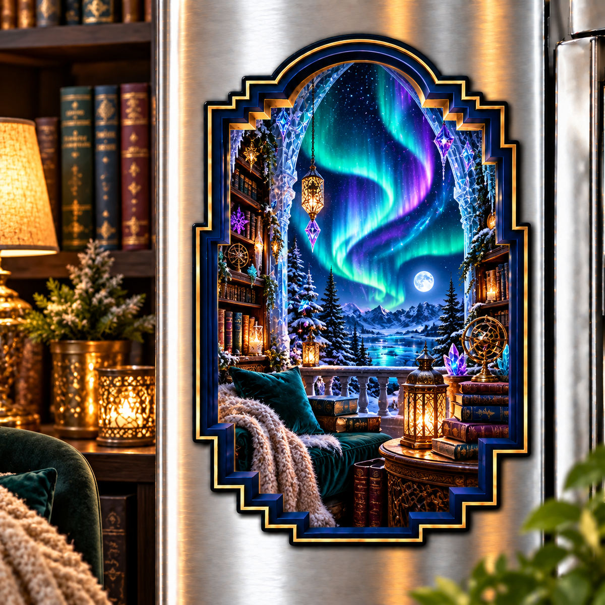 Aurora Library Haven Acrylic Refrigerator Magnet with printed optical 3D artwork in its use setting