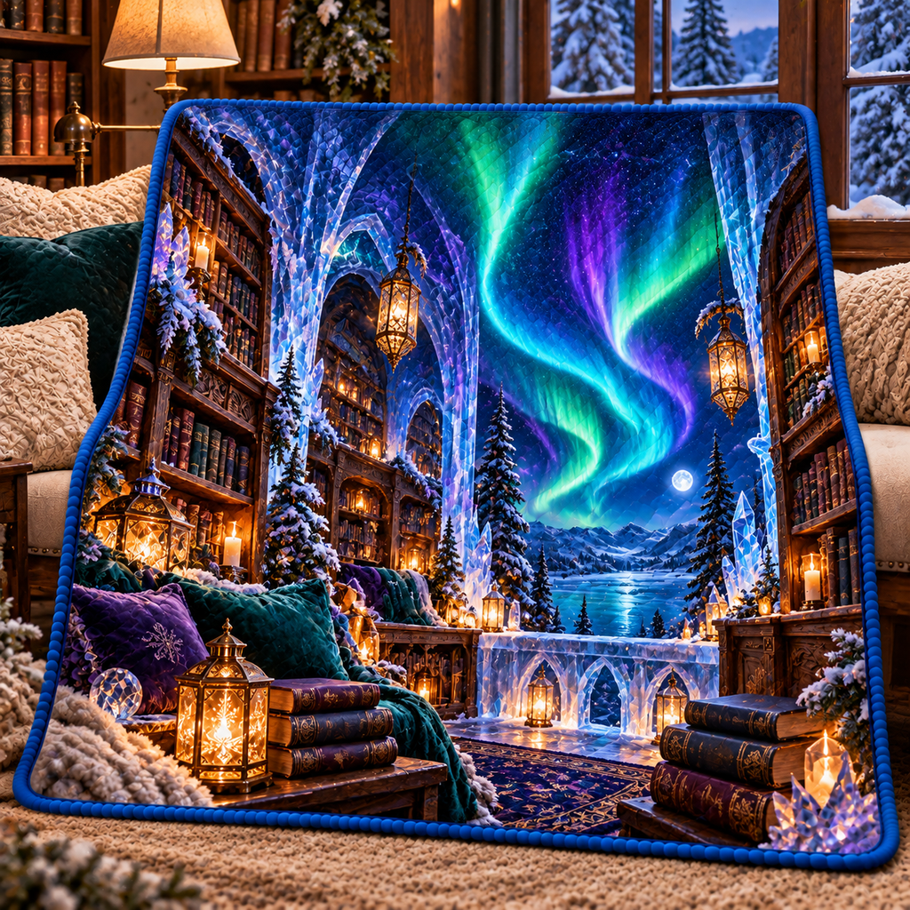 Aurora Library Haven Quilt Blanket with printed optical 3D artwork in its use setting