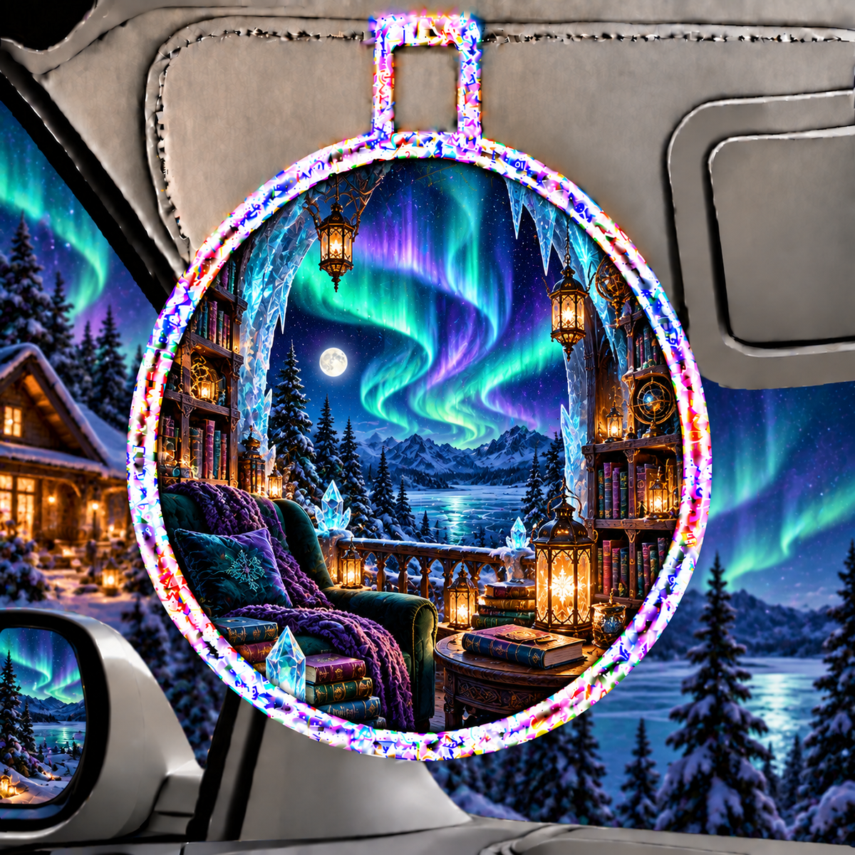 Aurora Library Haven Holographic Car Visor Clip with printed optical 3D artwork in its use setting