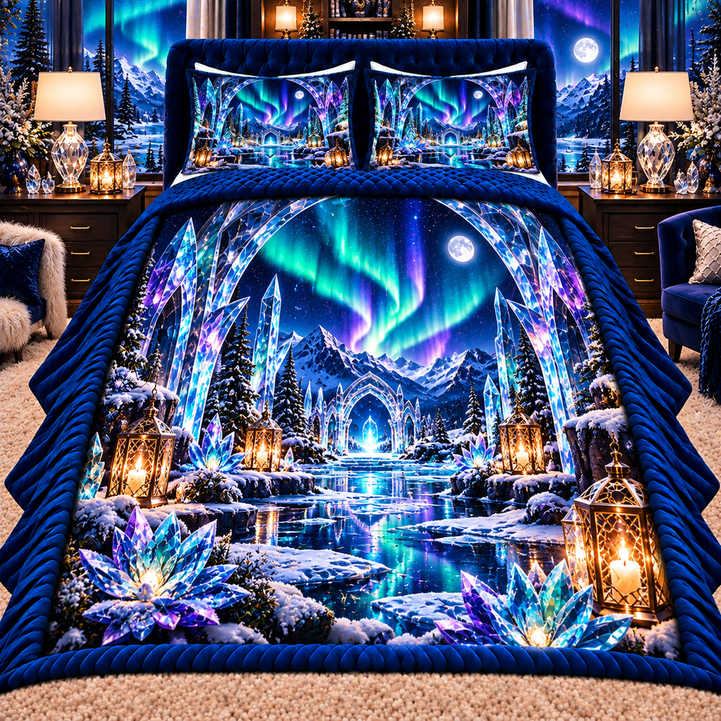 Aurora Crystal Sanctuary Quilted Bedding Set with printed optical 3D artwork in its use setting