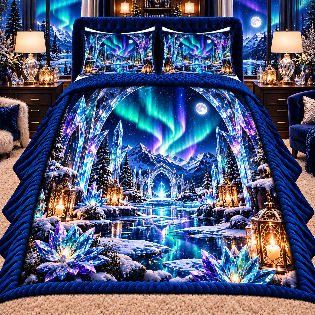 Aurora Crystal Sanctuary Quilted Bedding Set with printed optical 3D artwork in its use setting