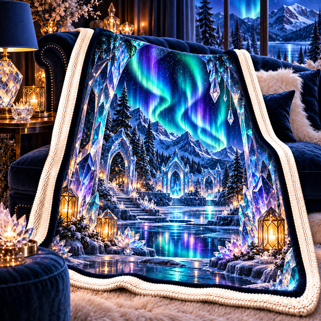 Aurora Crystal Sanctuary Sherpa & Fleece Blanket with printed optical 3D artwork in its use setting