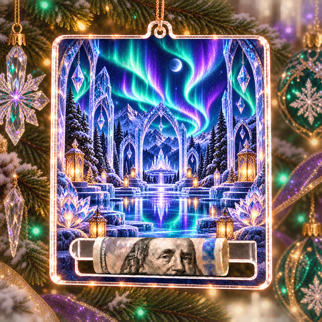 Aurora Crystal Sanctuary Acrylic Cash Holder Ornament with printed optical 3D artwork in its use setting