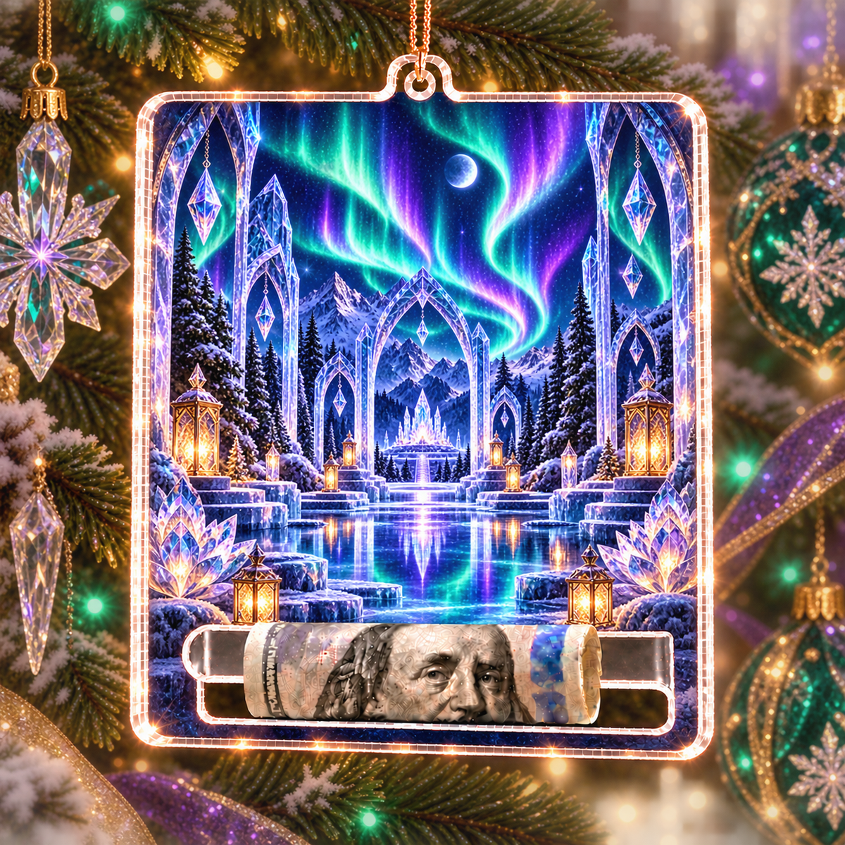 Aurora Crystal Sanctuary Acrylic Cash Holder Ornament with printed optical 3D artwork in its use setting