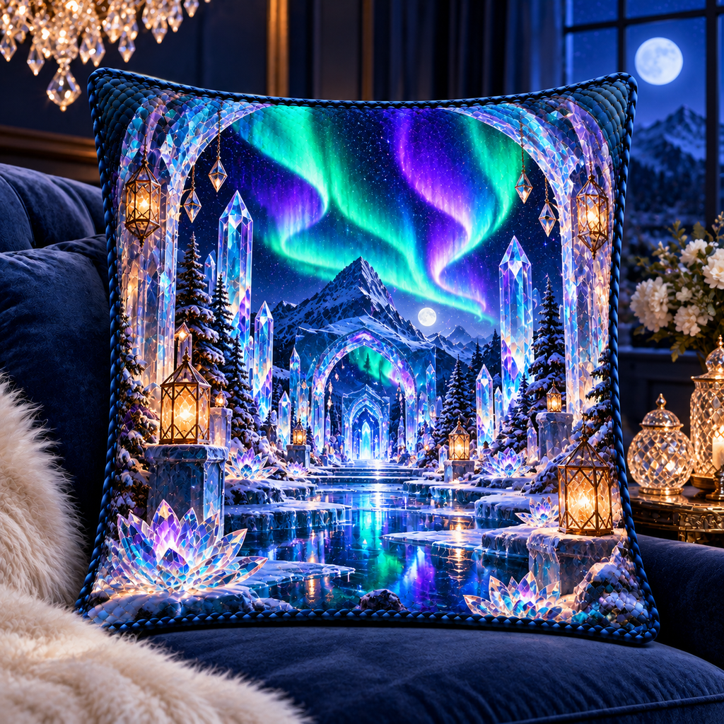 Aurora Crystal Sanctuary Quilted Cushion Cover with printed optical 3D artwork in its use setting
