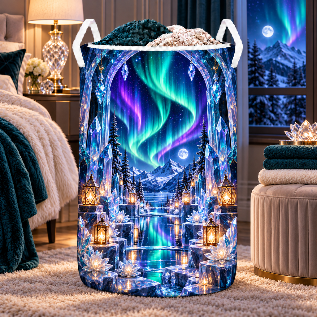 Aurora Crystal Sanctuary Laundry Hamper with printed optical 3D artwork in its use setting