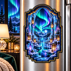 Aurora Crystal Sanctuary Acrylic Refrigerator Magnet with printed optical 3D artwork in its use setting