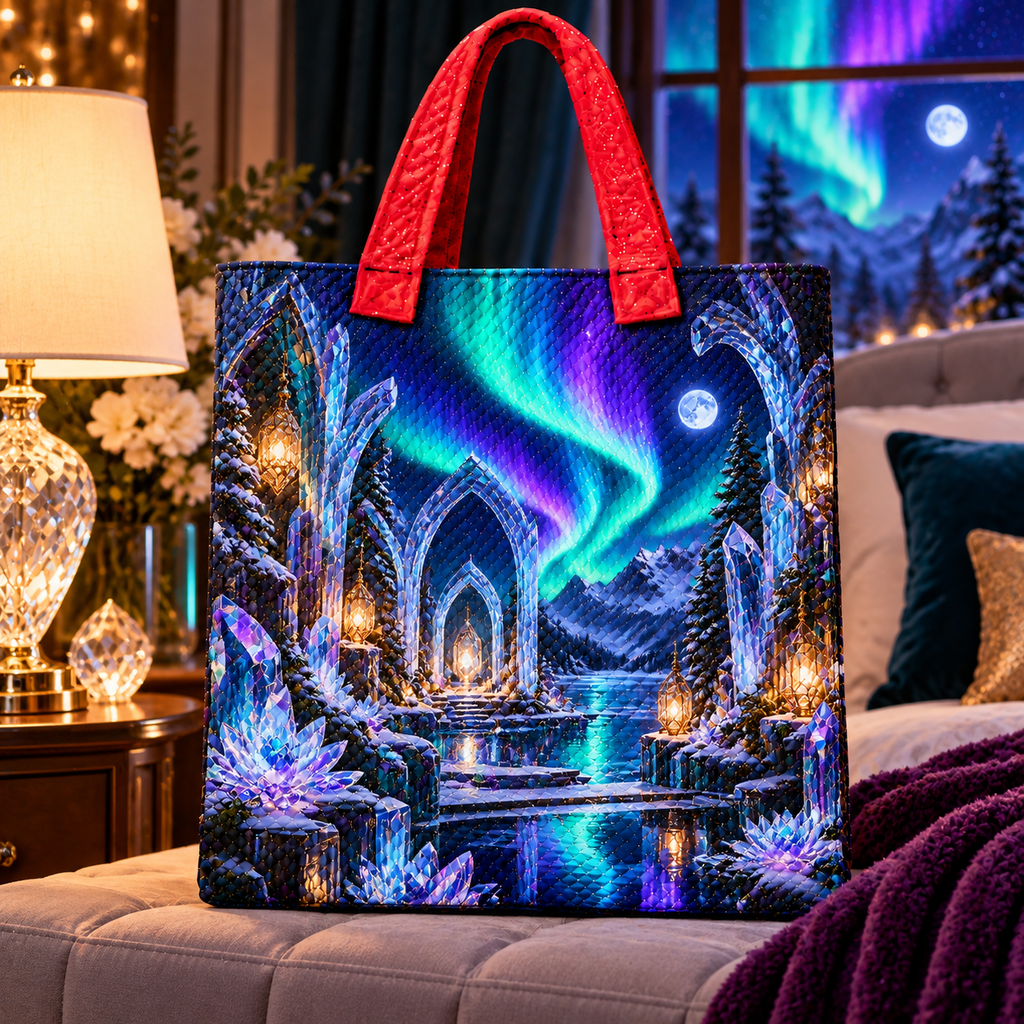 Aurora Crystal Sanctuary Quilted Tote Bag with printed optical 3D artwork in its use setting