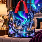 Aurora Crystal Sanctuary Quilted Tote Bag with printed optical 3D artwork in its use setting