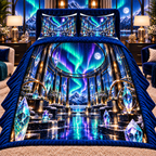 Aurora Glass Atrium Quilted Bedding Set with printed optical 3D artwork in its use setting