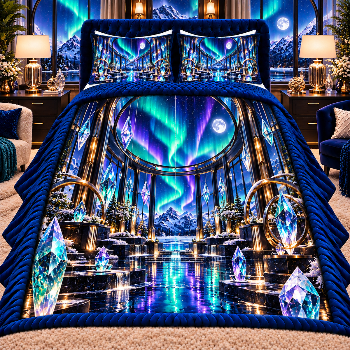 Aurora Glass Atrium Quilted Bedding Set with printed optical 3D artwork in its use setting