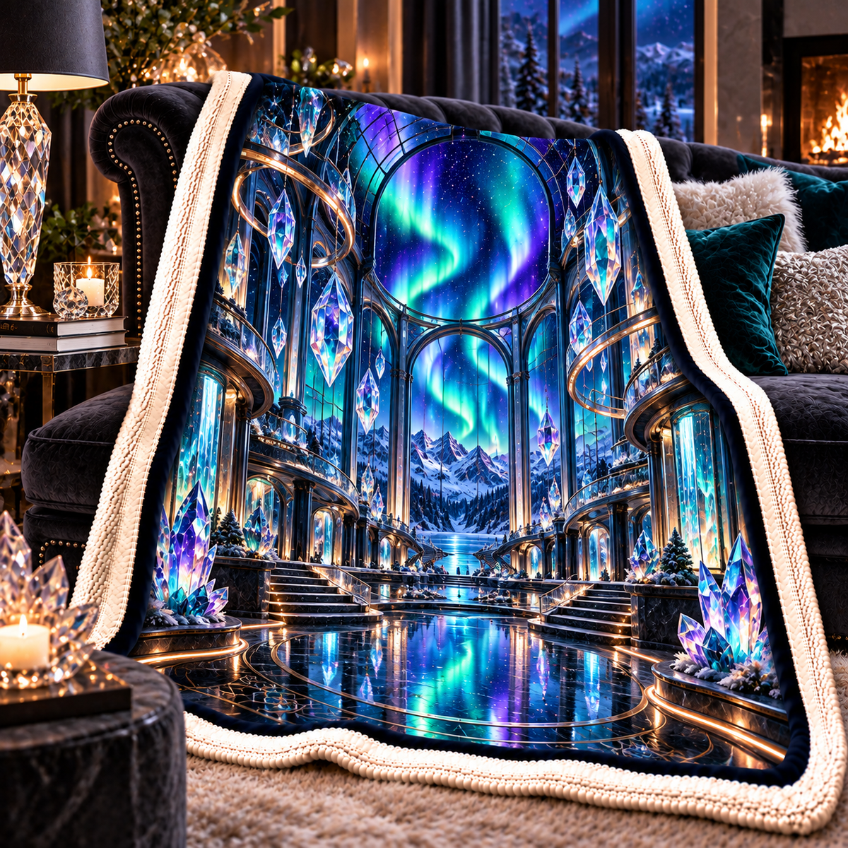 Aurora Glass Atrium Sherpa & Fleece Blanket with printed optical 3D artwork in its use setting