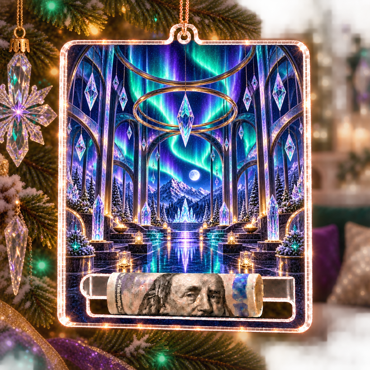 Aurora Glass Atrium Acrylic Cash Holder Ornament with printed optical 3D artwork in its use setting