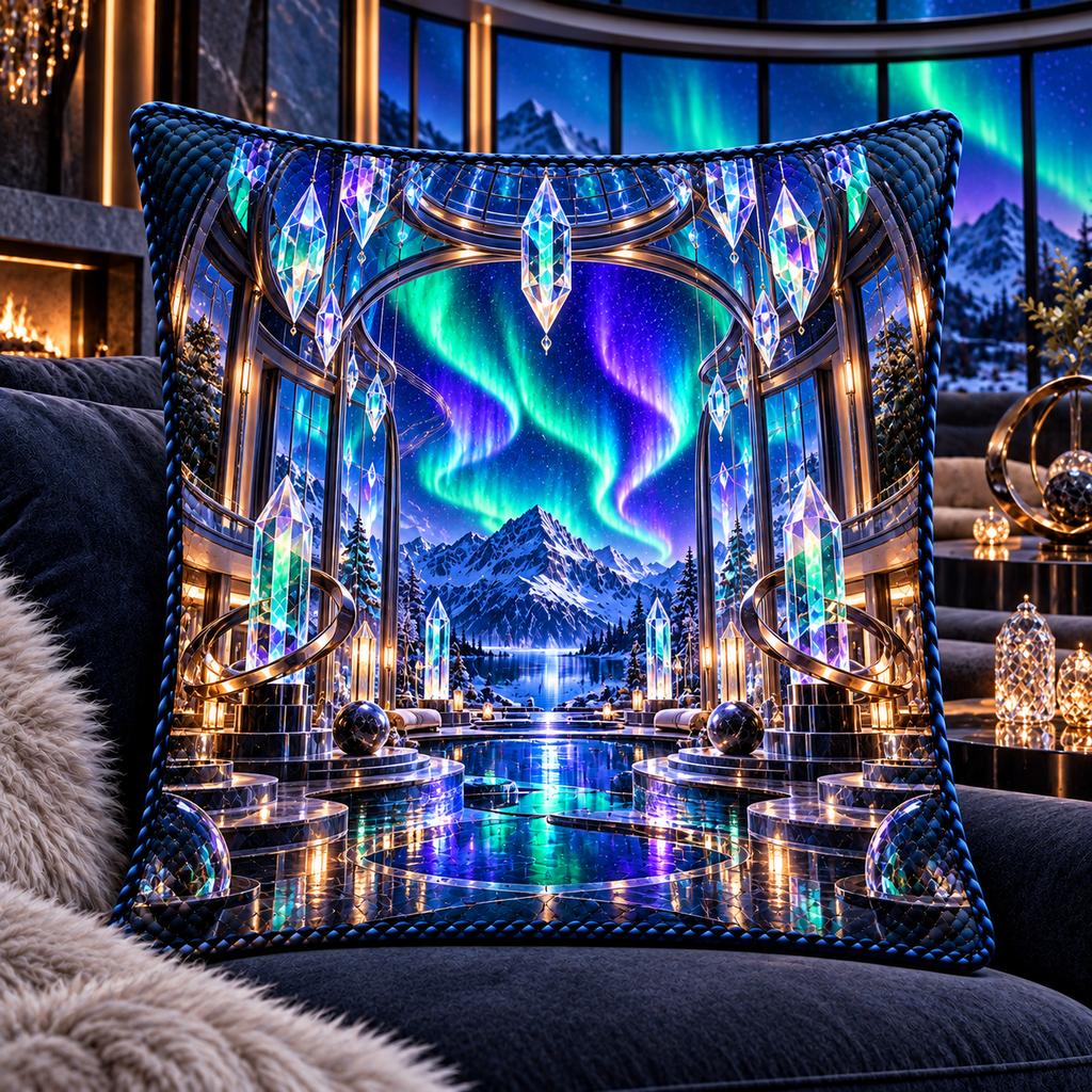 Aurora Glass Atrium Quilted Cushion Cover with printed optical 3D artwork in its use setting