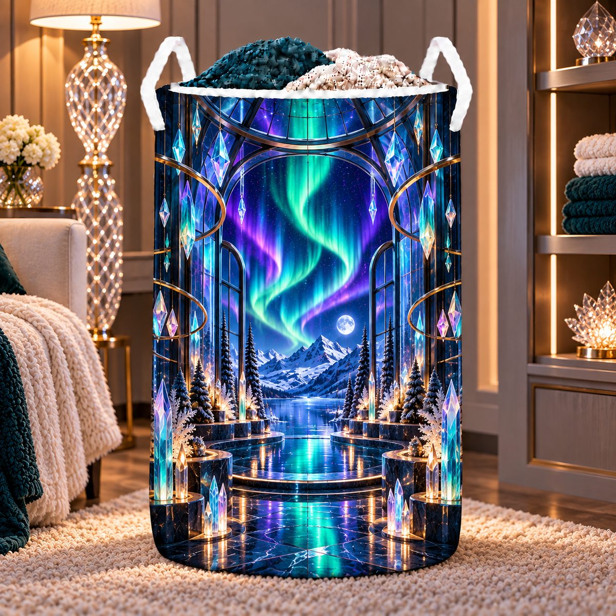 Aurora Glass Atrium Laundry Hamper with printed optical 3D artwork in its use setting