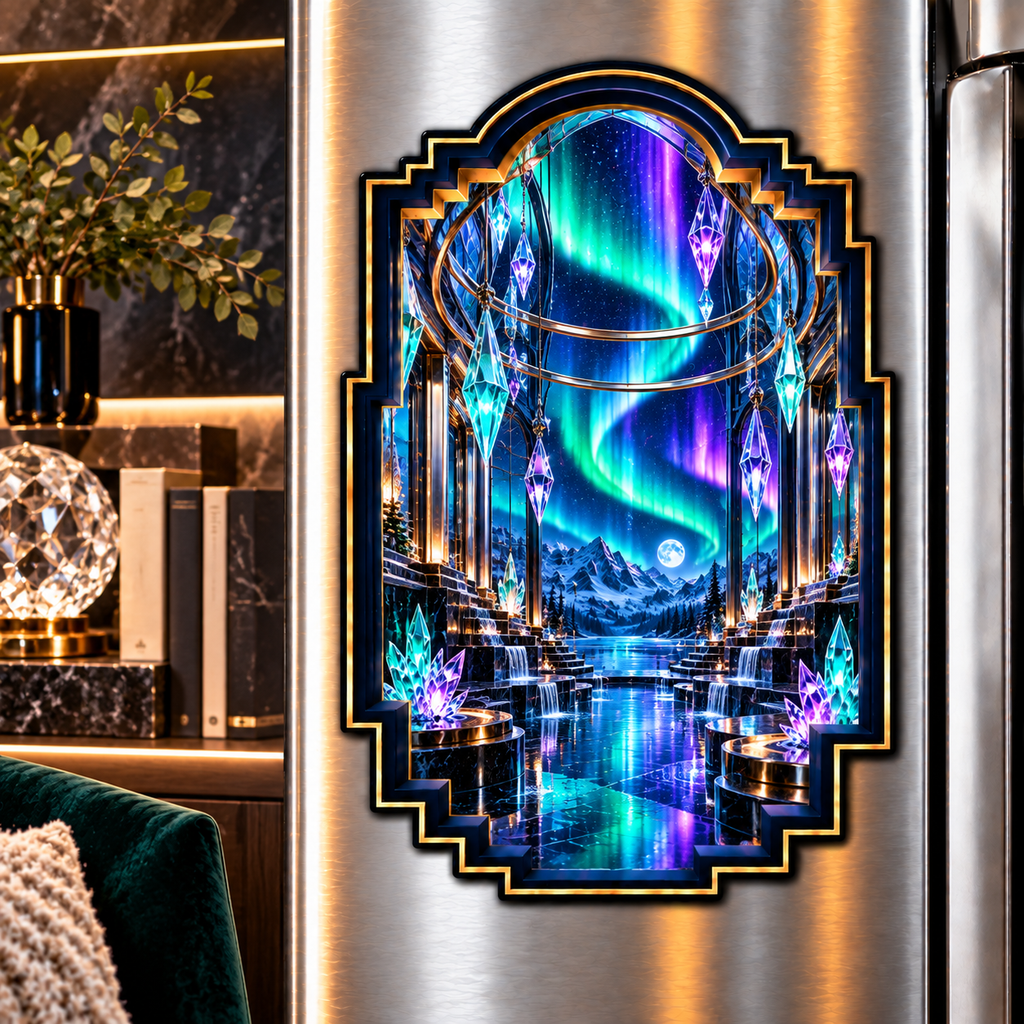Aurora Glass Atrium Acrylic Refrigerator Magnet with printed optical 3D artwork in its use setting