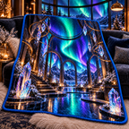 Aurora Glass Atrium Quilt Blanket with printed optical 3D artwork in its use setting