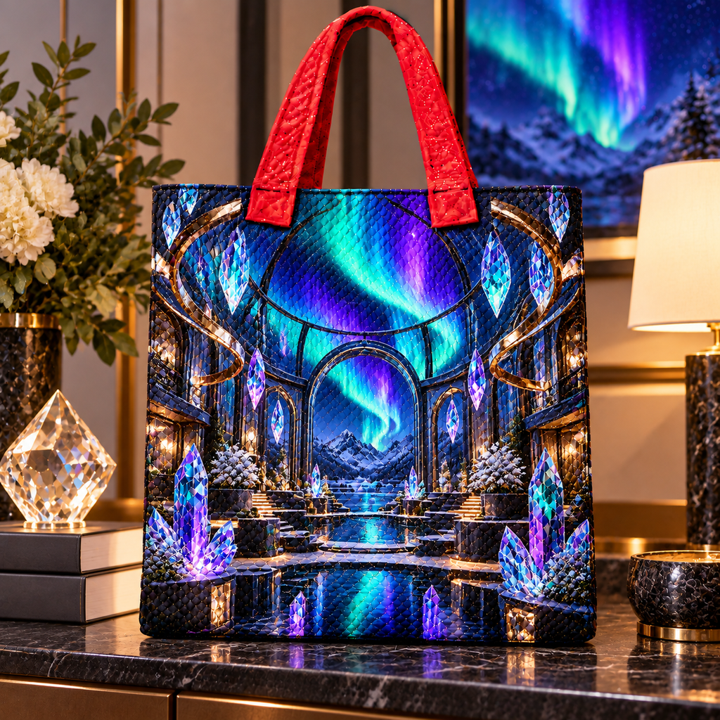 Aurora Glass Atrium Quilted Tote Bag with printed optical 3D artwork in its use setting