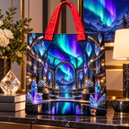 Aurora Glass Atrium Quilted Tote Bag with printed optical 3D artwork in its use setting