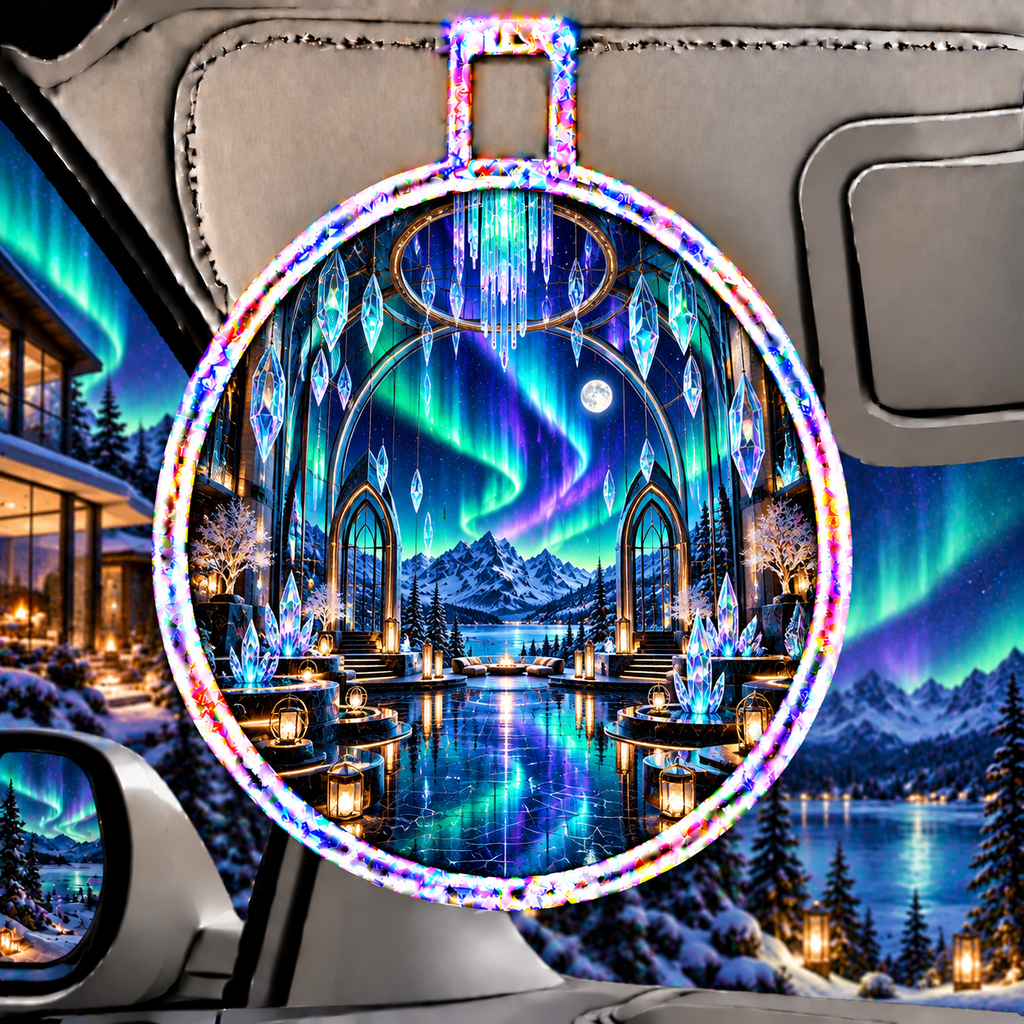 Aurora Glass Atrium Holographic Car Visor Clip with printed optical 3D artwork in its use setting