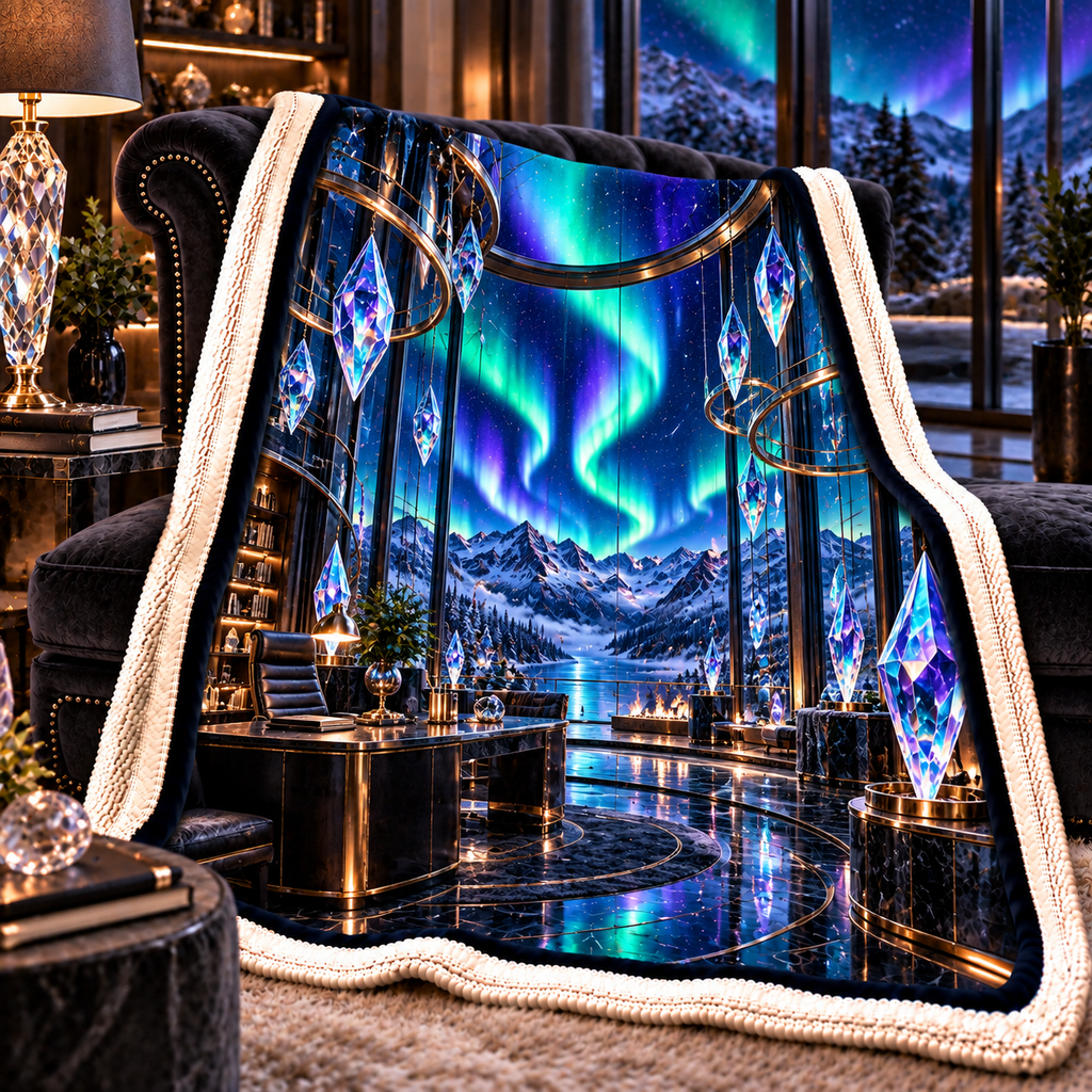 Aurora Executive Observatory Sherpa & Fleece Blanket with printed optical 3D artwork in its use setting