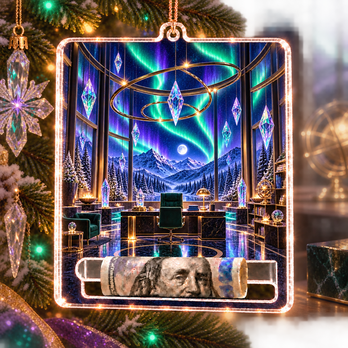Aurora Executive Observatory Acrylic Cash Holder Ornament with printed optical 3D artwork in its use setting