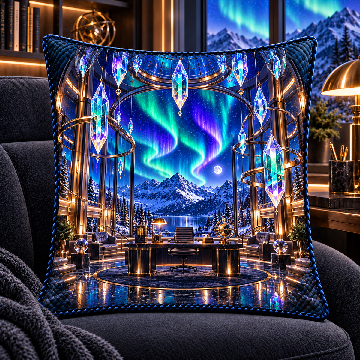 Aurora Executive Observatory Quilted Cushion Cover with printed optical 3D artwork in its use setting