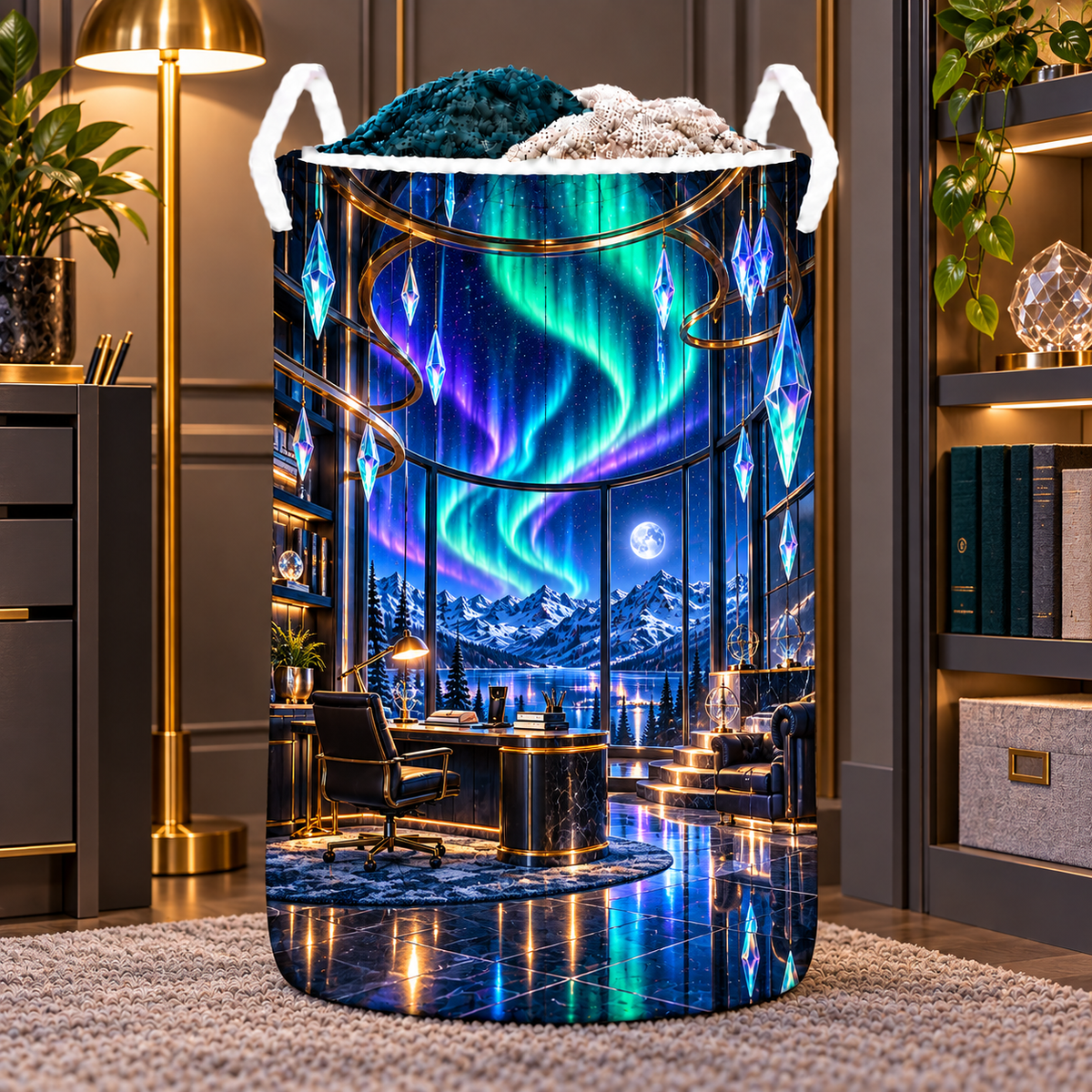 Aurora Executive Observatory Laundry Hamper with printed optical 3D artwork in its use setting