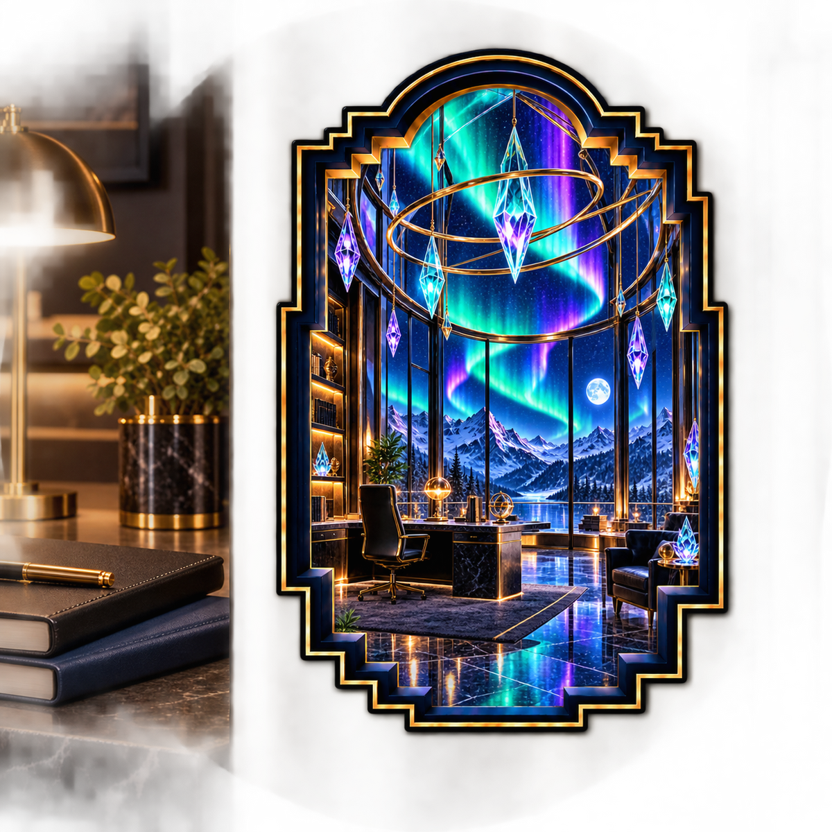 Aurora Executive Observatory Acrylic Refrigerator Magnet with printed optical 3D artwork in its use setting
