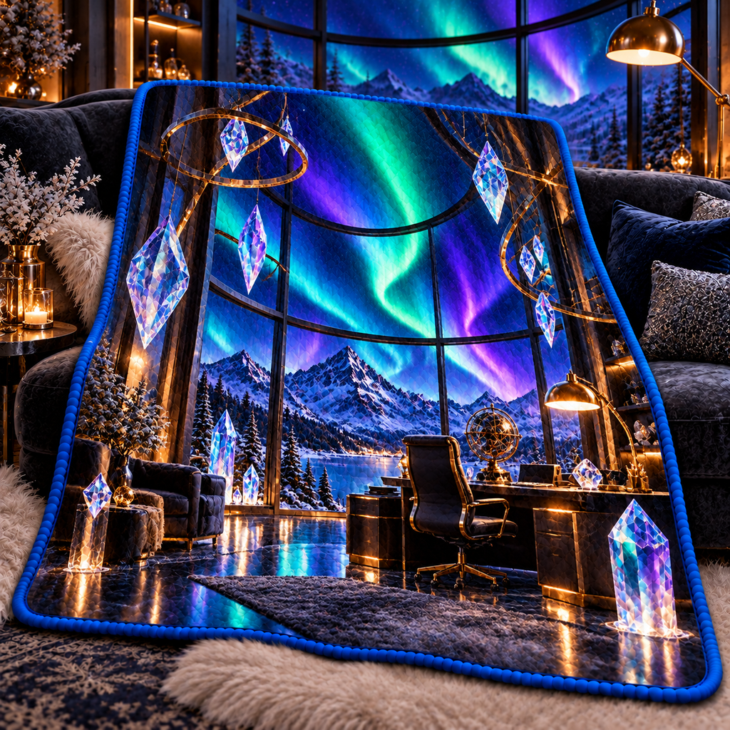 Aurora Executive Observatory Quilt Blanket with printed optical 3D artwork in its use setting