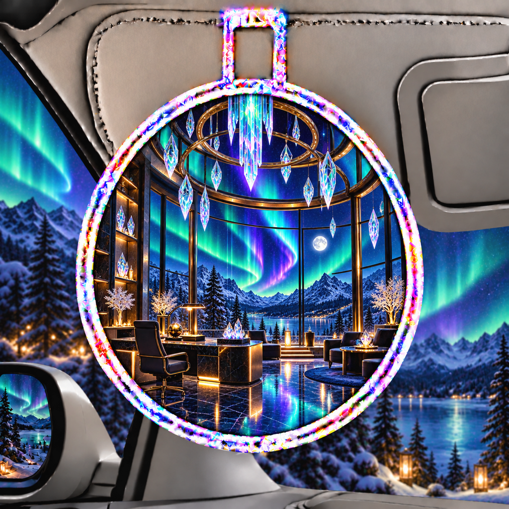 Aurora Executive Observatory Holographic Car Visor Clip with printed optical 3D artwork in its use setting