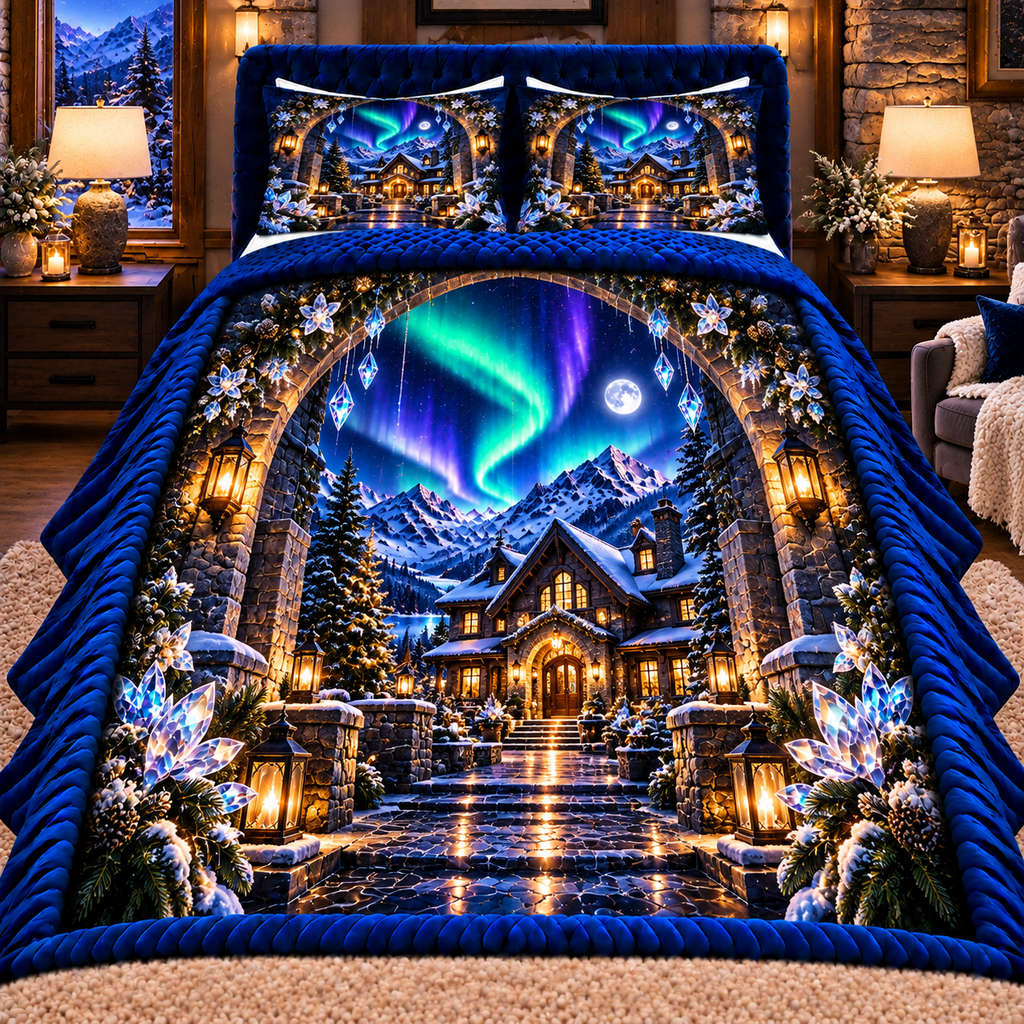 Aurora Hearthstone Welcome Quilted Bedding Set with printed optical 3D artwork in its use setting