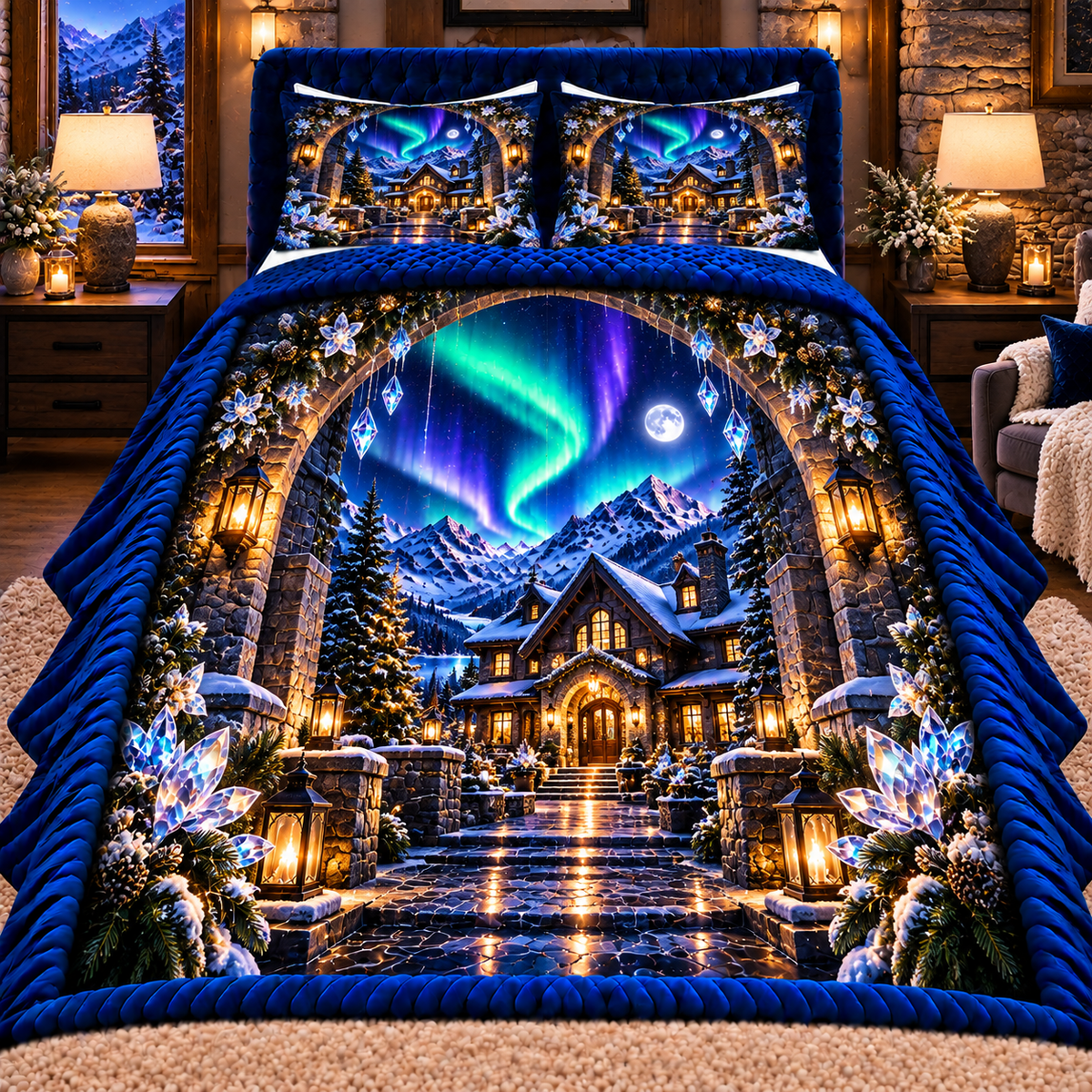 Aurora Hearthstone Welcome Quilted Bedding Set with printed optical 3D artwork in its use setting