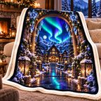Aurora Hearthstone Welcome Sherpa & Fleece Blanket with printed optical 3D artwork in its use setting