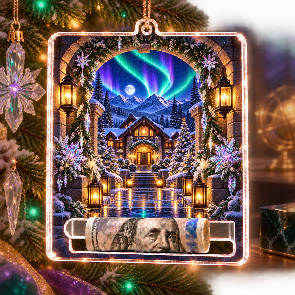 Aurora Hearthstone Welcome Acrylic Cash Holder Ornament with printed optical 3D artwork in its use setting