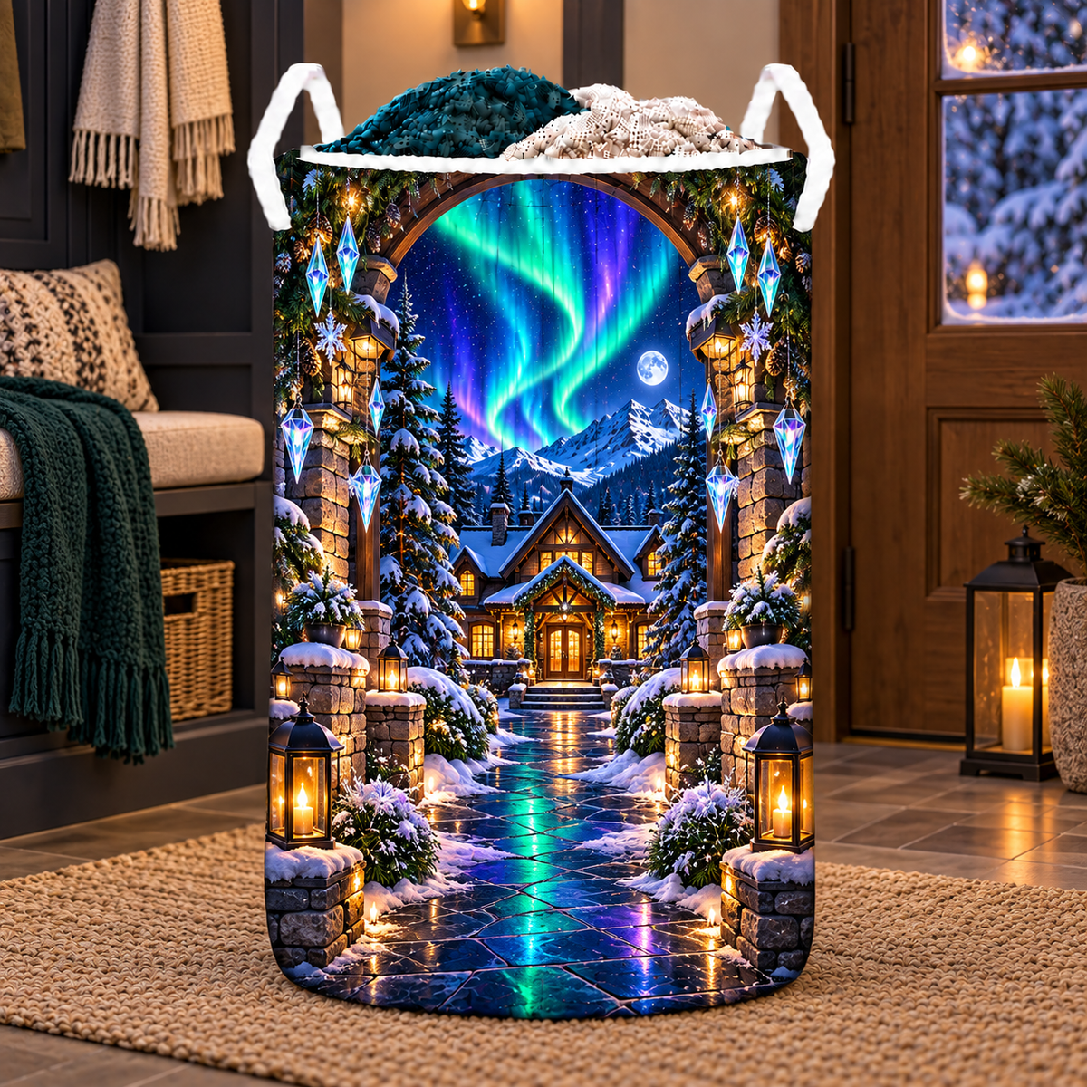 Aurora Hearthstone Welcome Laundry Hamper with printed optical 3D artwork in its use setting