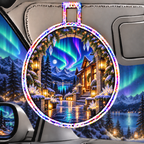 Aurora Hearthstone Welcome Holographic Car Visor Clip with printed optical 3D artwork in its use setting