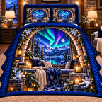 Aurora Reading Nook Quilted Bedding Set with printed optical 3D artwork in its use setting