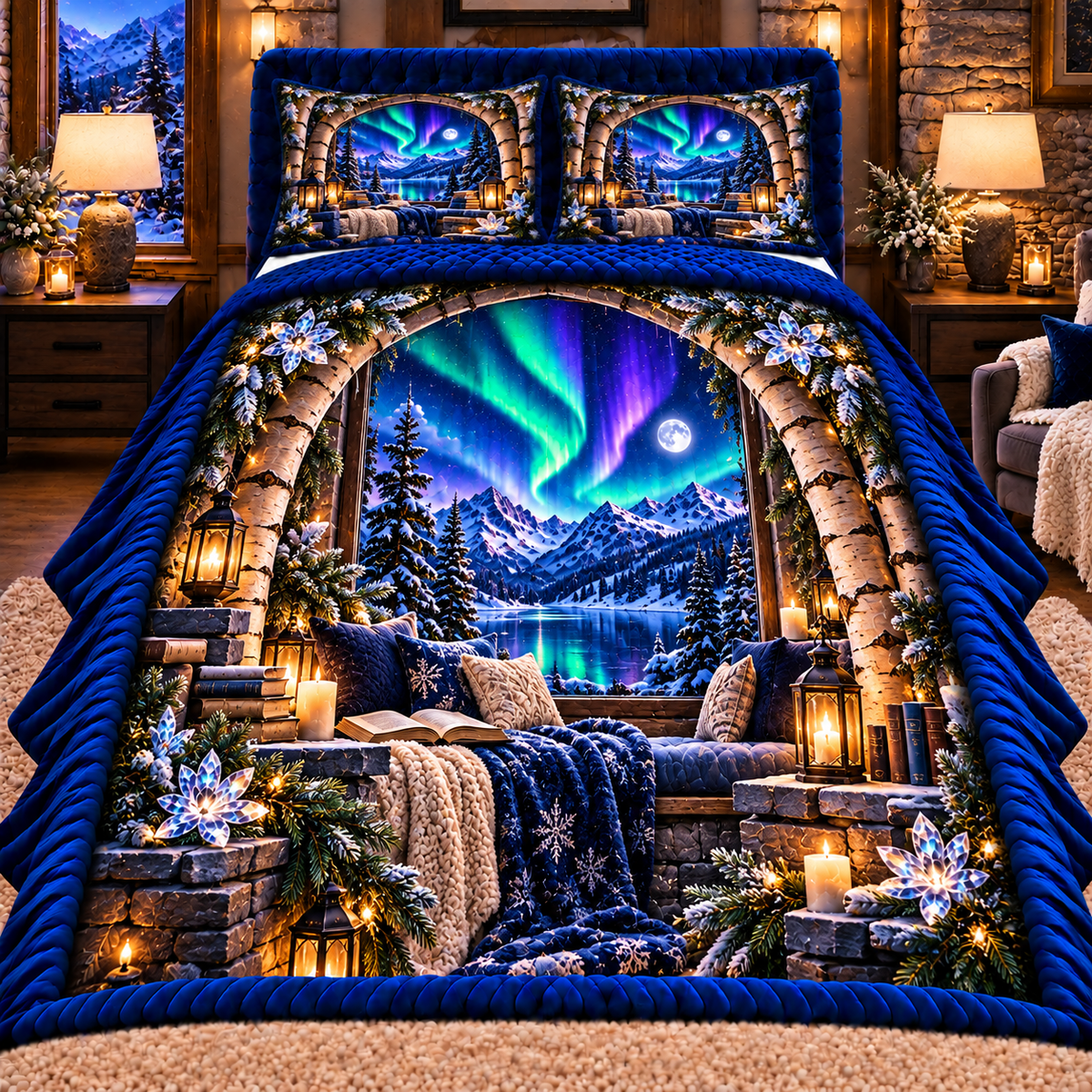Aurora Reading Nook Quilted Bedding Set with printed optical 3D artwork in its use setting