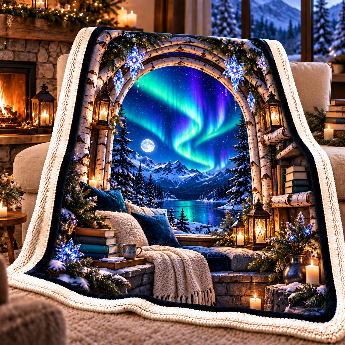 Aurora Reading Nook Sherpa & Fleece Blanket with printed optical 3D artwork in its use setting