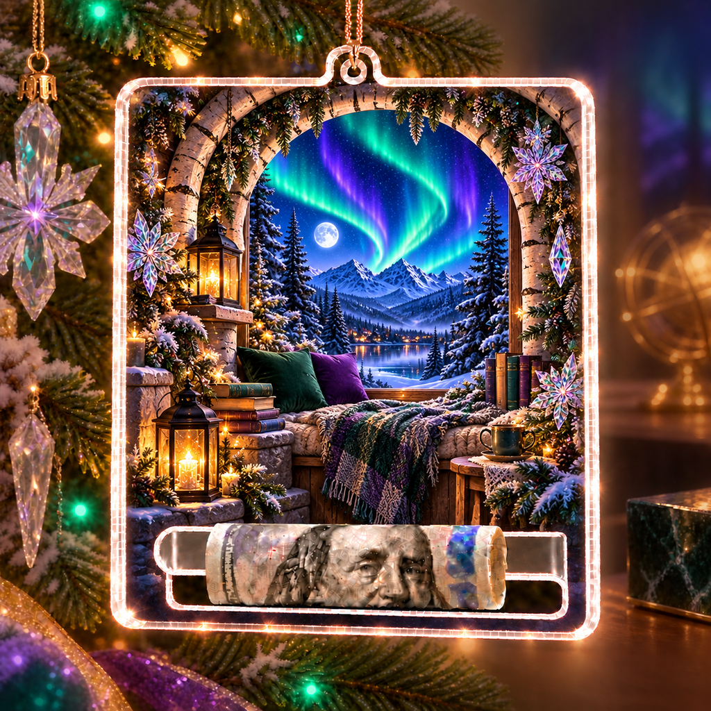 Aurora Reading Nook Acrylic Cash Holder Ornament with printed optical 3D artwork in its use setting