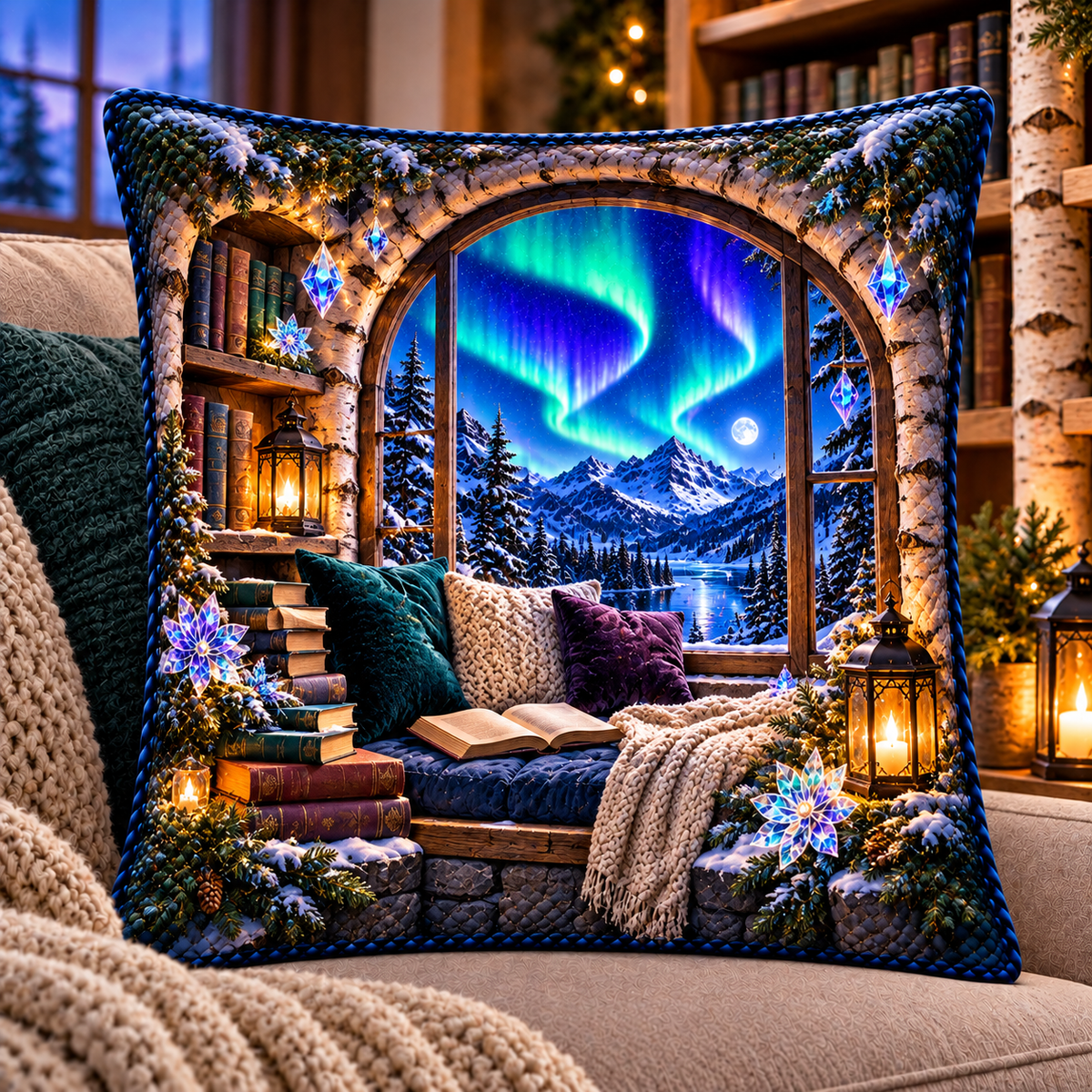 Aurora Reading Nook Quilted Cushion Cover with printed optical 3D artwork in its use setting