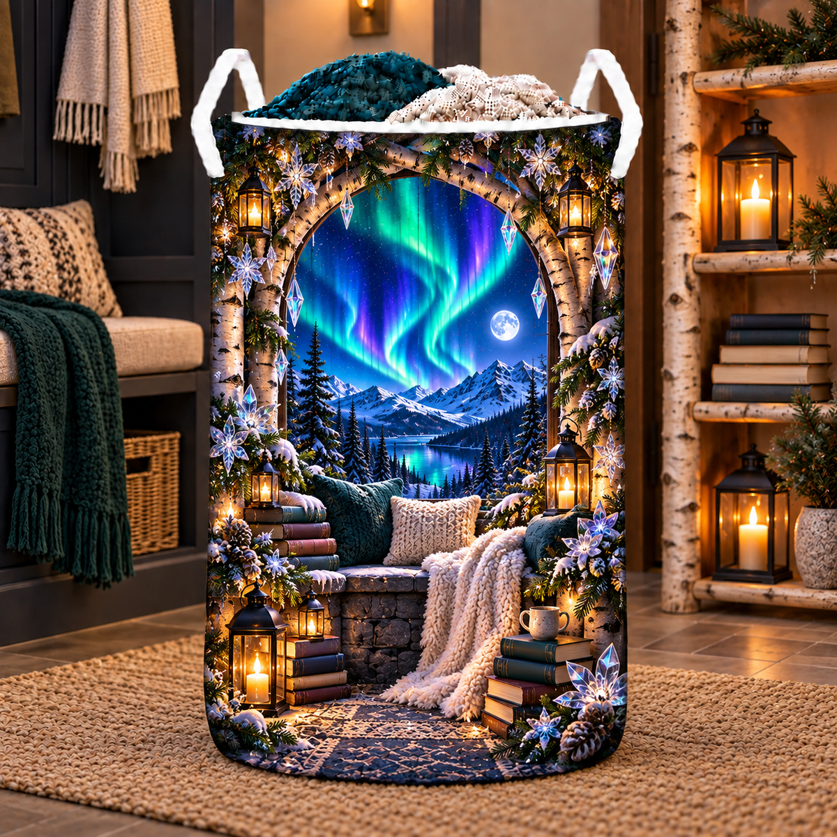 Aurora Reading Nook Laundry Hamper with printed optical 3D artwork in its use setting