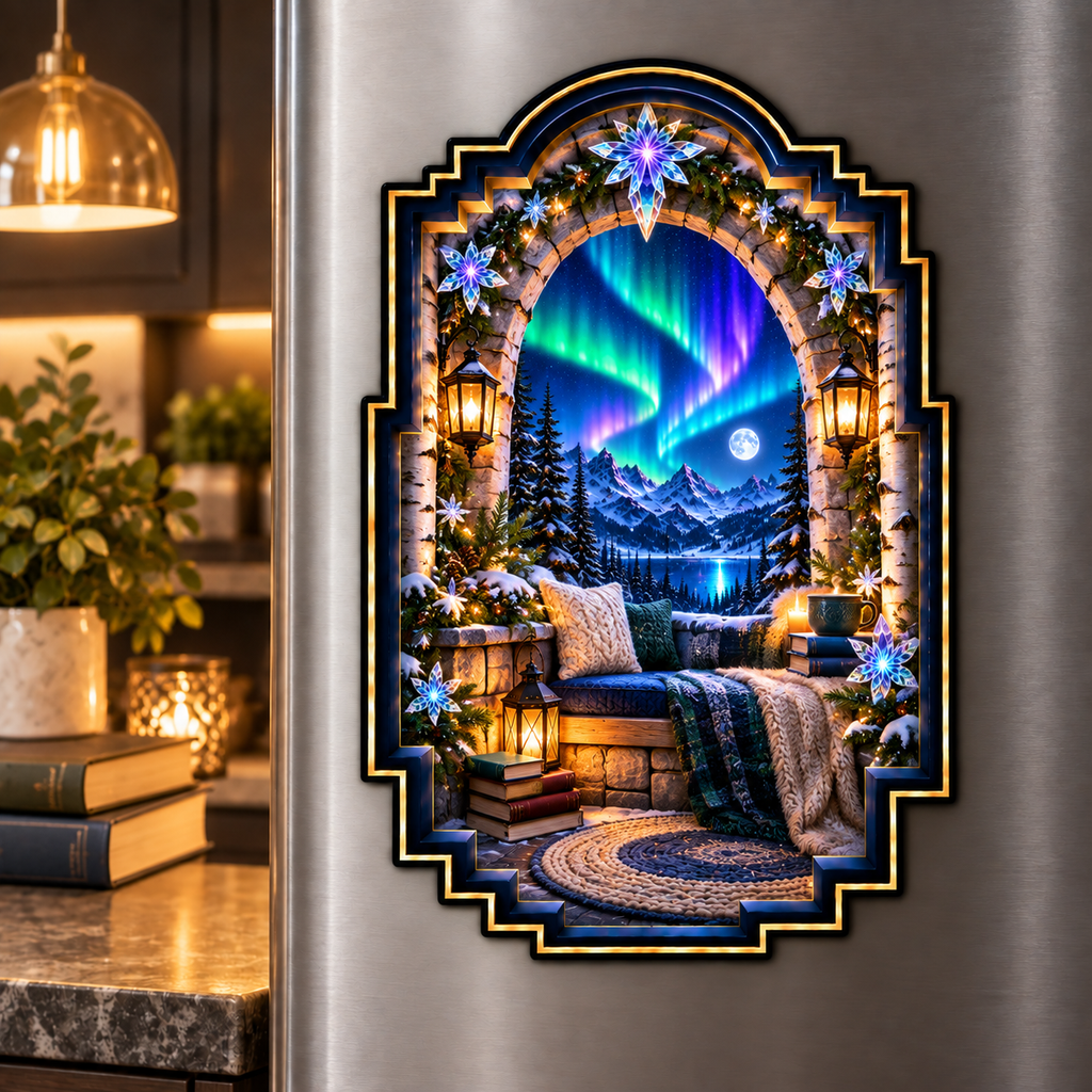 Aurora Reading Nook Acrylic Refrigerator Magnet with printed optical 3D artwork in its use setting