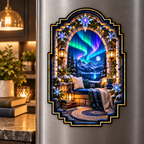 Aurora Reading Nook Acrylic Refrigerator Magnet with printed optical 3D artwork in its use setting