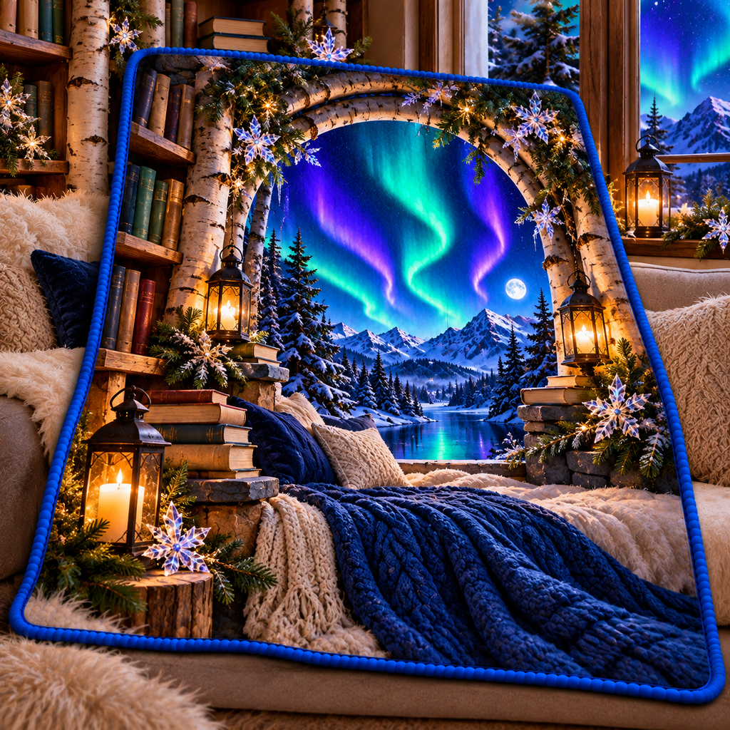 Aurora Reading Nook Quilt Blanket with printed optical 3D artwork in its use setting