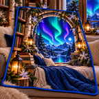 Aurora Reading Nook Quilt Blanket with printed optical 3D artwork in its use setting