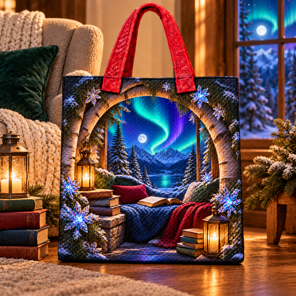 Aurora Reading Nook Quilted Tote Bag with printed optical 3D artwork in its use setting
